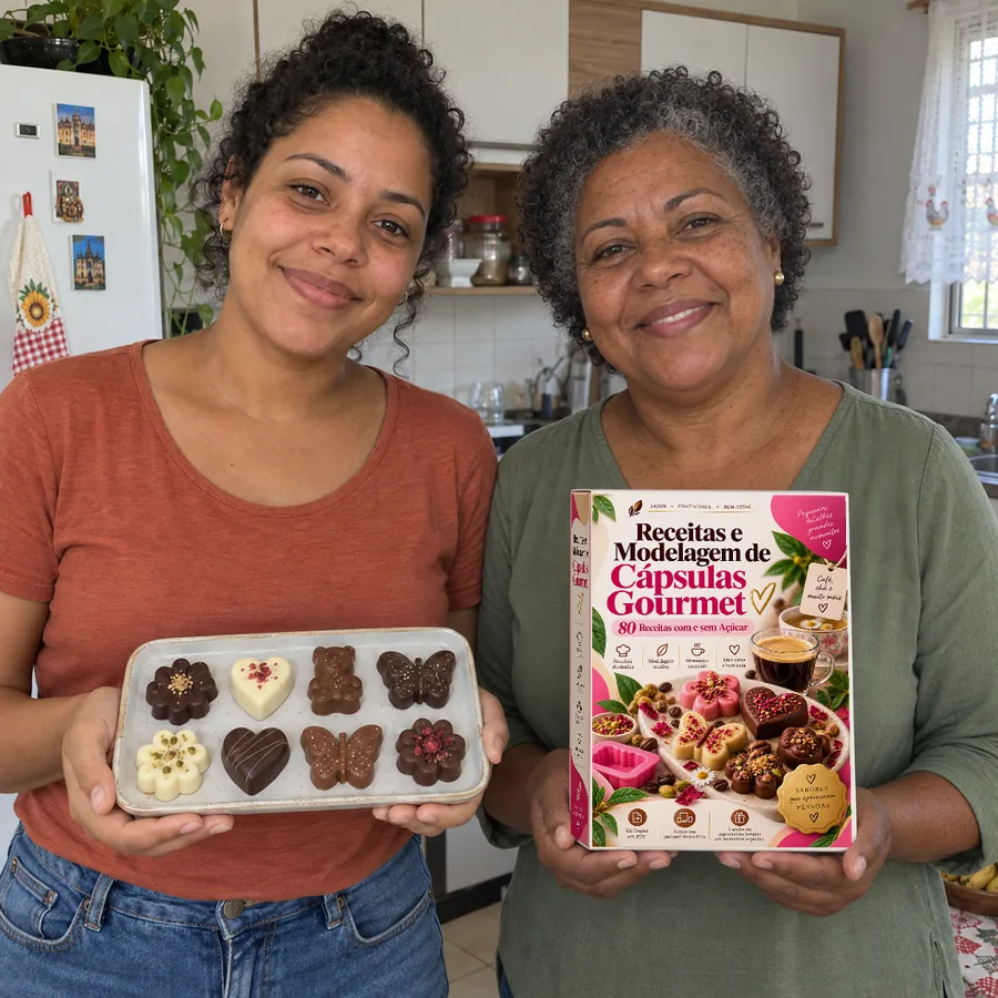 Cena ilustrativa em casa: duas mulheres, uma com a bandeja de cápsulas e outra com o box do produto